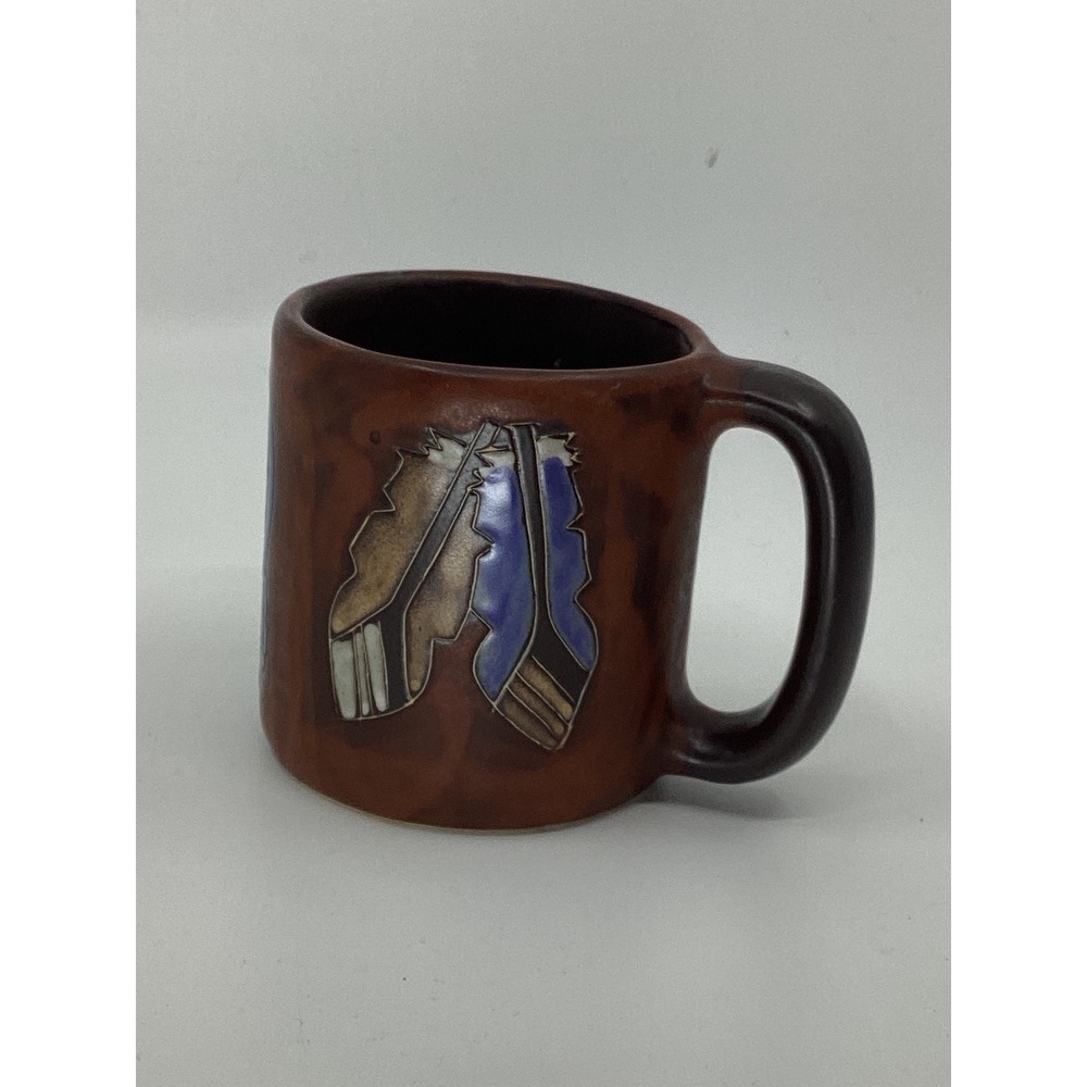 Mara Mexico Studio Pottery Mug Dreamcatcher Feathers Stoneware Brown Blue Etched